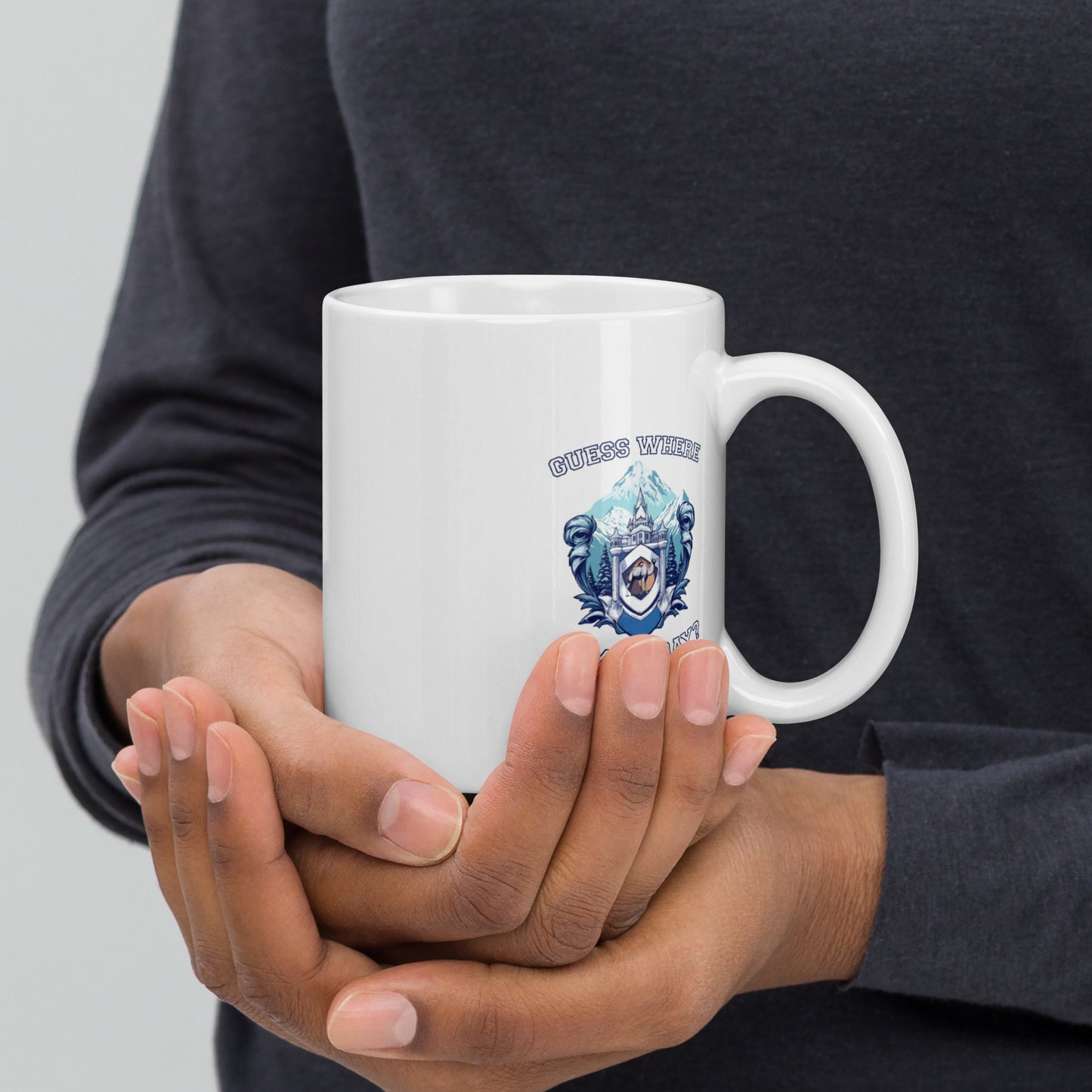 Guess where is me today? - White glossy mug